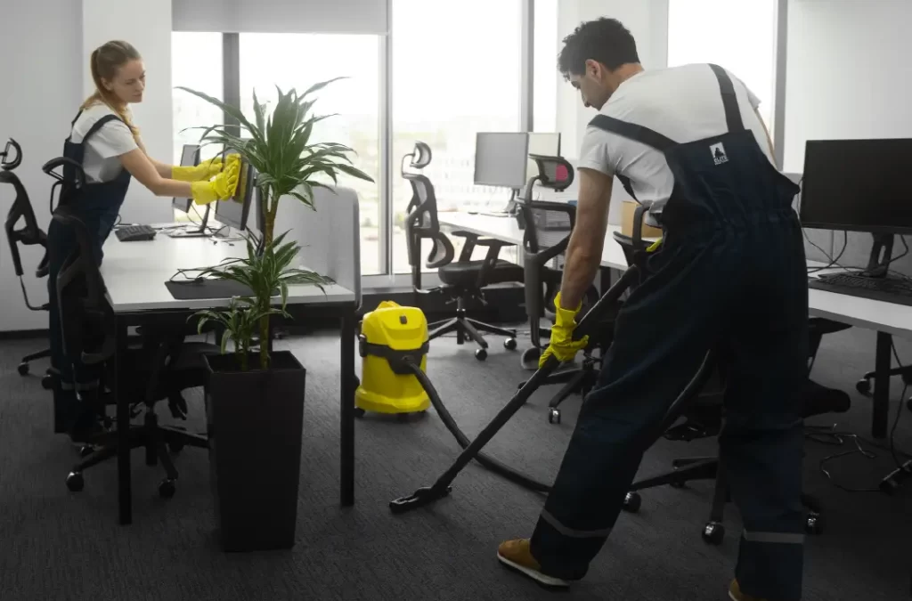 Male Elite Prime Clean worker vacuuming the office carpet while a female coworker dusts a potted plant